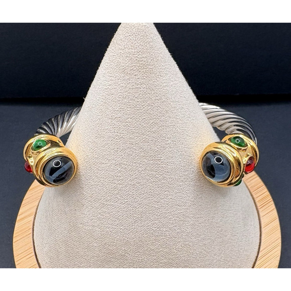 Vintage Monet Cuff Bracelet Gold & Silver Tone Multi Glass Cabs Modernist 6.25" - Picture 3 of 7